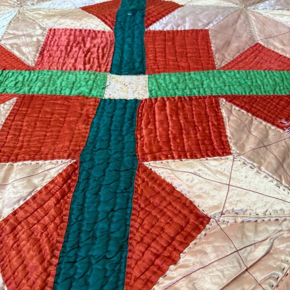 VTG Handmade Satin Patchwork Quilt Red Geometric Star 83x68 for REPAIR/REPURPOSE